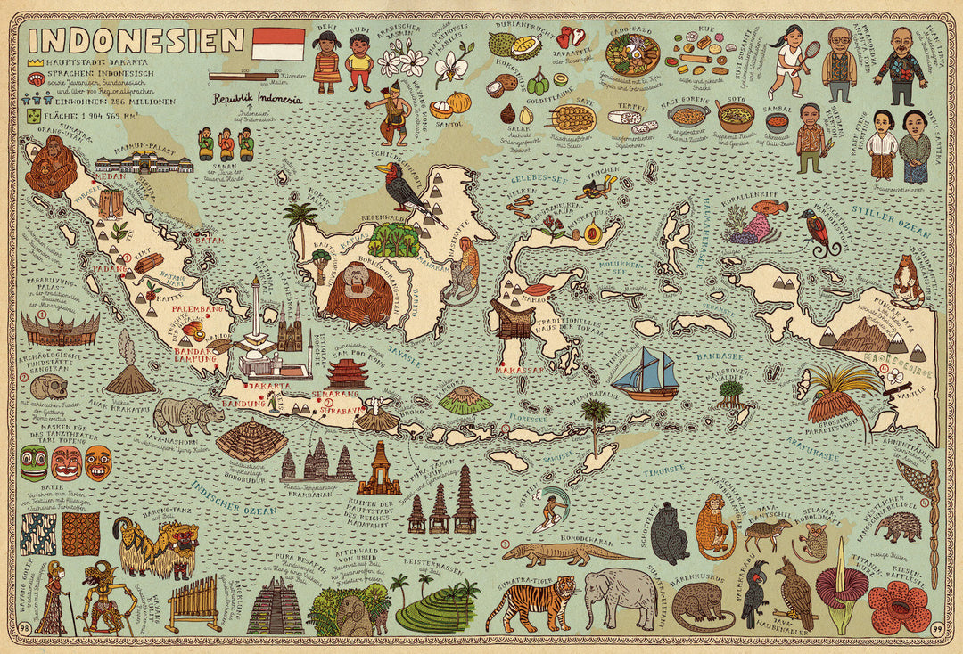 Eine illustrierte Karte Indonesiens mit verschiedenen Symbolen und einer Flagge. Neben den Inselgruppen sind auch Tiere, Menschen und verschiedene Gerichte illustriert.