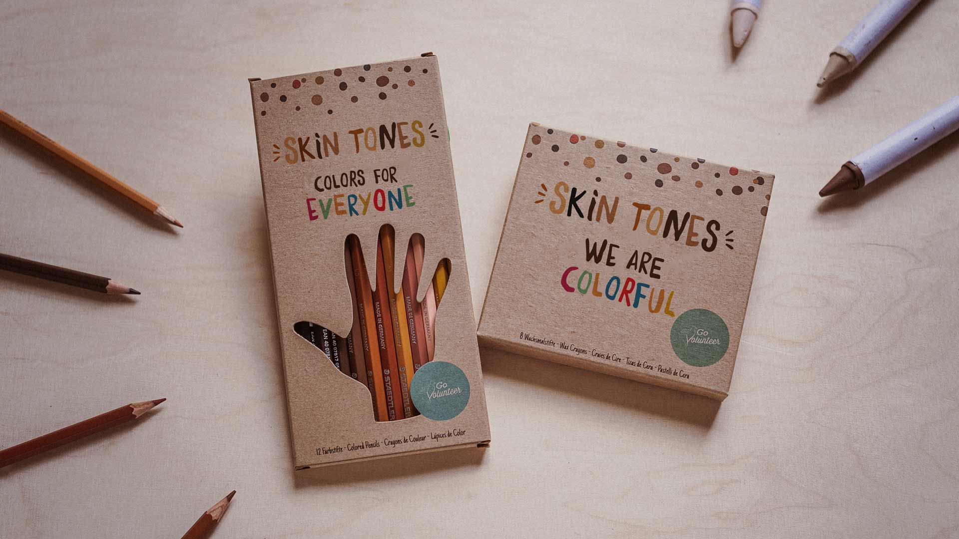 Hautfarben crayons and skin tones pencils in eco-friendly packaging.