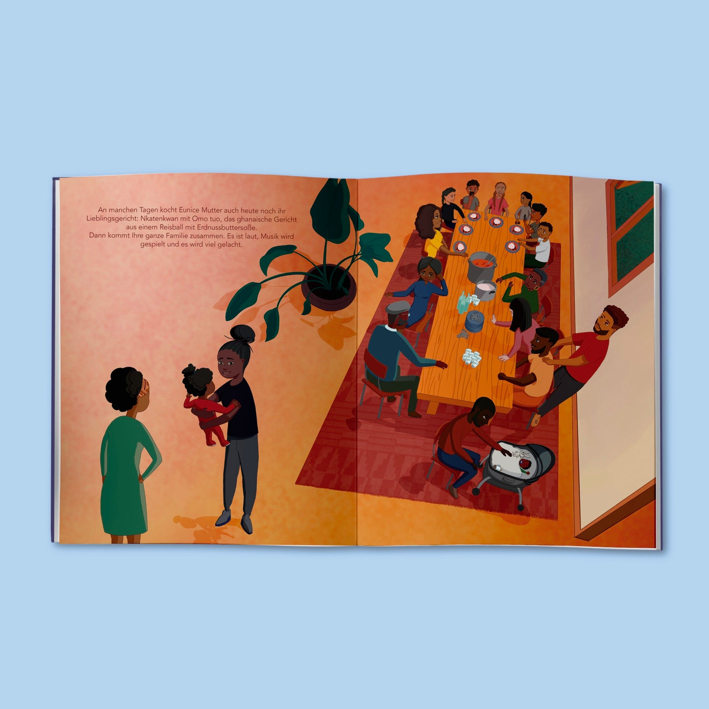 Doppelseite aus dem  Kinderbuch "Trau dich zu träumen". Die Illustration zeigt einen großen Tisch, an dem Menschen gemeinsam essen.