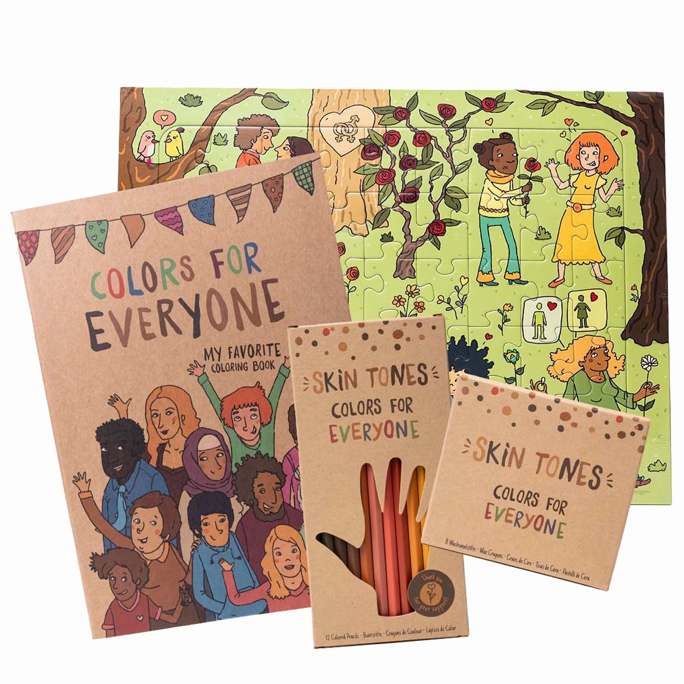 Hautfarben gift basket with diverse skin tones pencils, crayons, coloring books, and a puzzle.