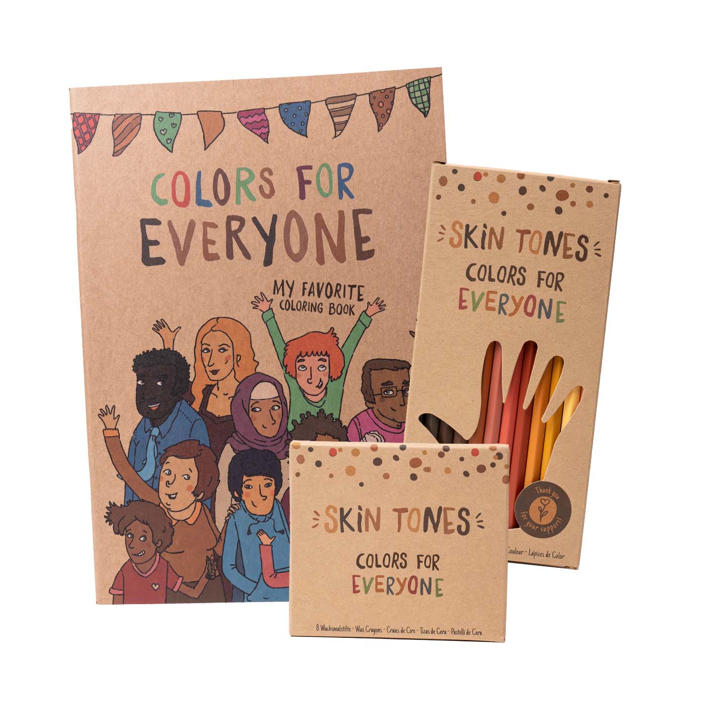 Hautfarben diverse skin tone pencils, crayons, and coloring books.