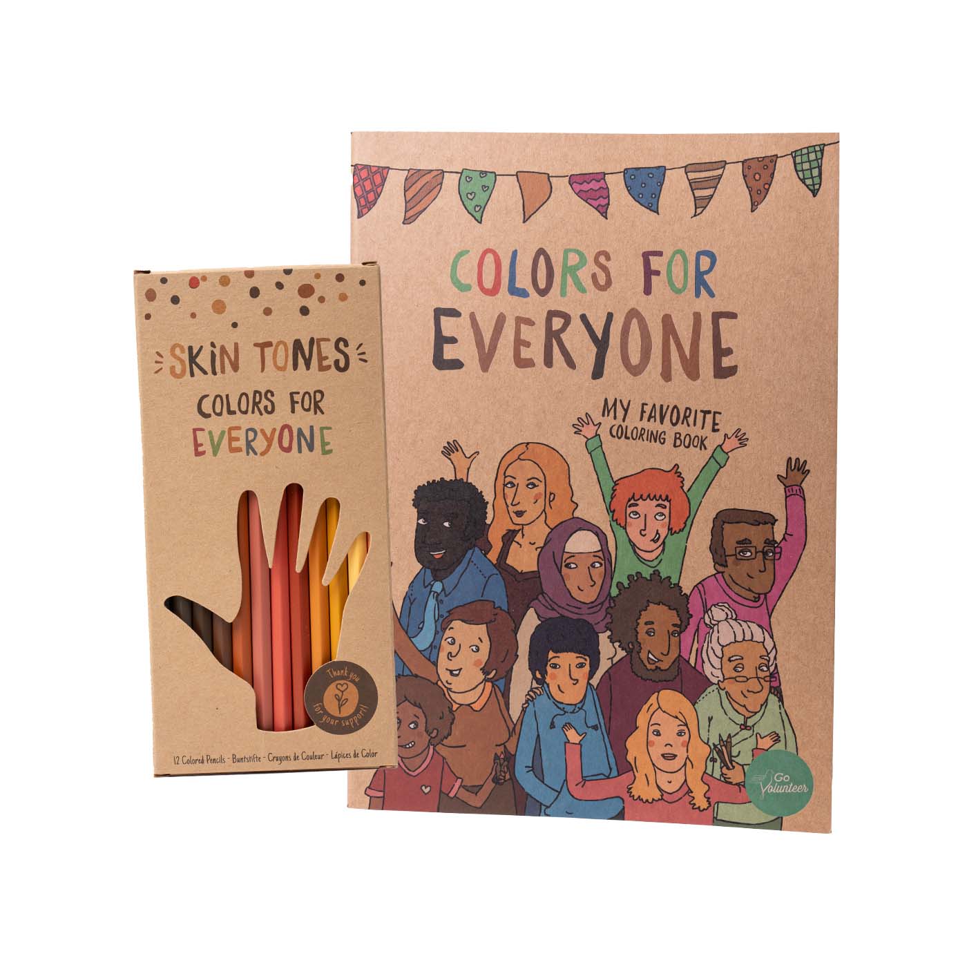 Coloring book and colored pencils in diverse skin tones by Hautfarben.