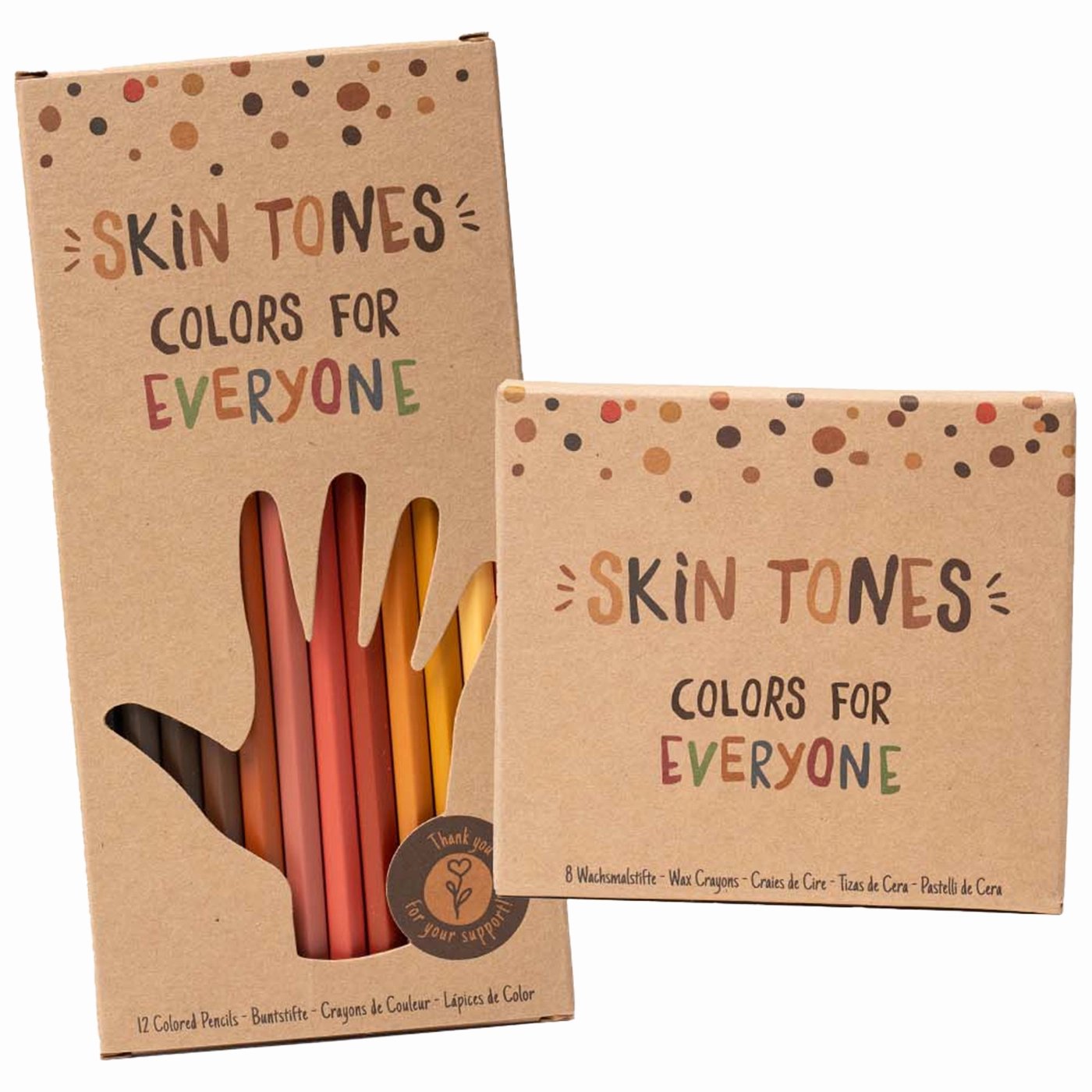 Hautfarben drawing creative set with diverse skin tone pencils and wax crayons.