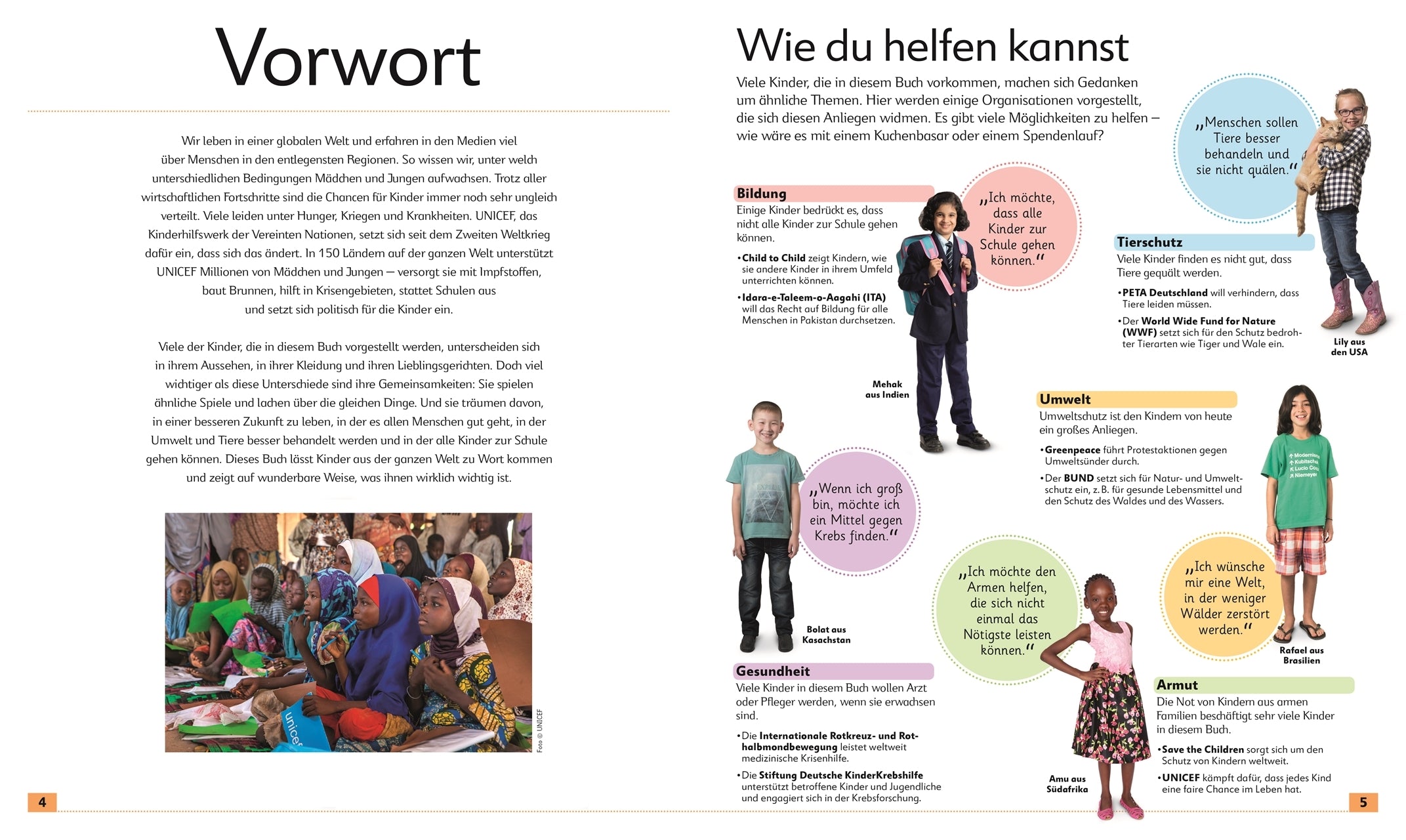 Vorwort des Buches "Kinder aus aller Welt". Links ein einleitender Text und ein Foto von vielen schwarzen Kindern. Auf der rechten Seite sind 5 Kinder und ihre Wünsche zu sehen.