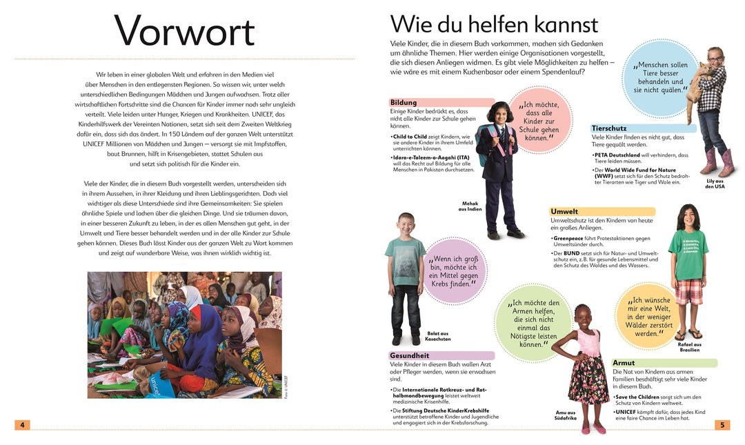 Vorwort des Buches "Kinder aus aller Welt". Links ein einleitender Text und ein Foto von vielen schwarzen Kindern. Auf der rechten Seite sind 5 Kinder und ihre Wünsche zu sehen.