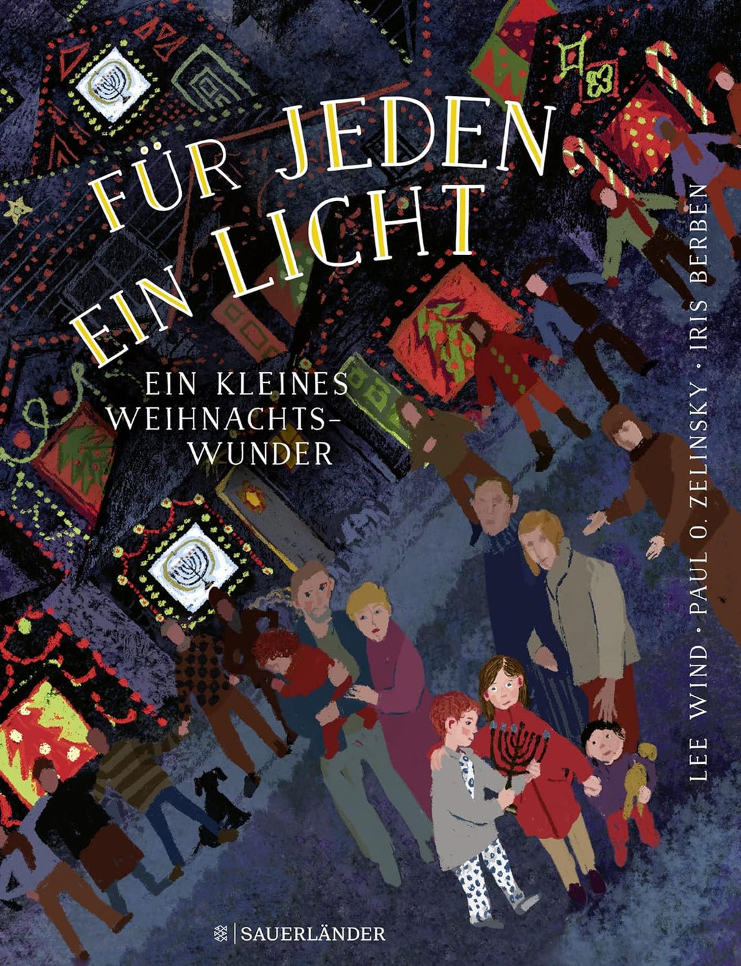 Cover vom Buch "Für jeden ein Licht". Es sind viele Menschen zu sehen und der Boden ist mit Schnee bedeckt. Im Hintergrund sieht man bunt beleuchtete Häuser.
