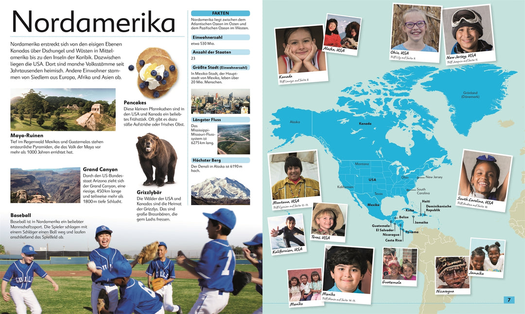 Doppelseite aus dem Kinderbuch "Kinder aus aller Welt". Links werden verschiedene Fakten zu Nordamerika dargestellt. Rechts sind Kinder aus verschiedenen nordamerikanischen Ländern zu sehen.