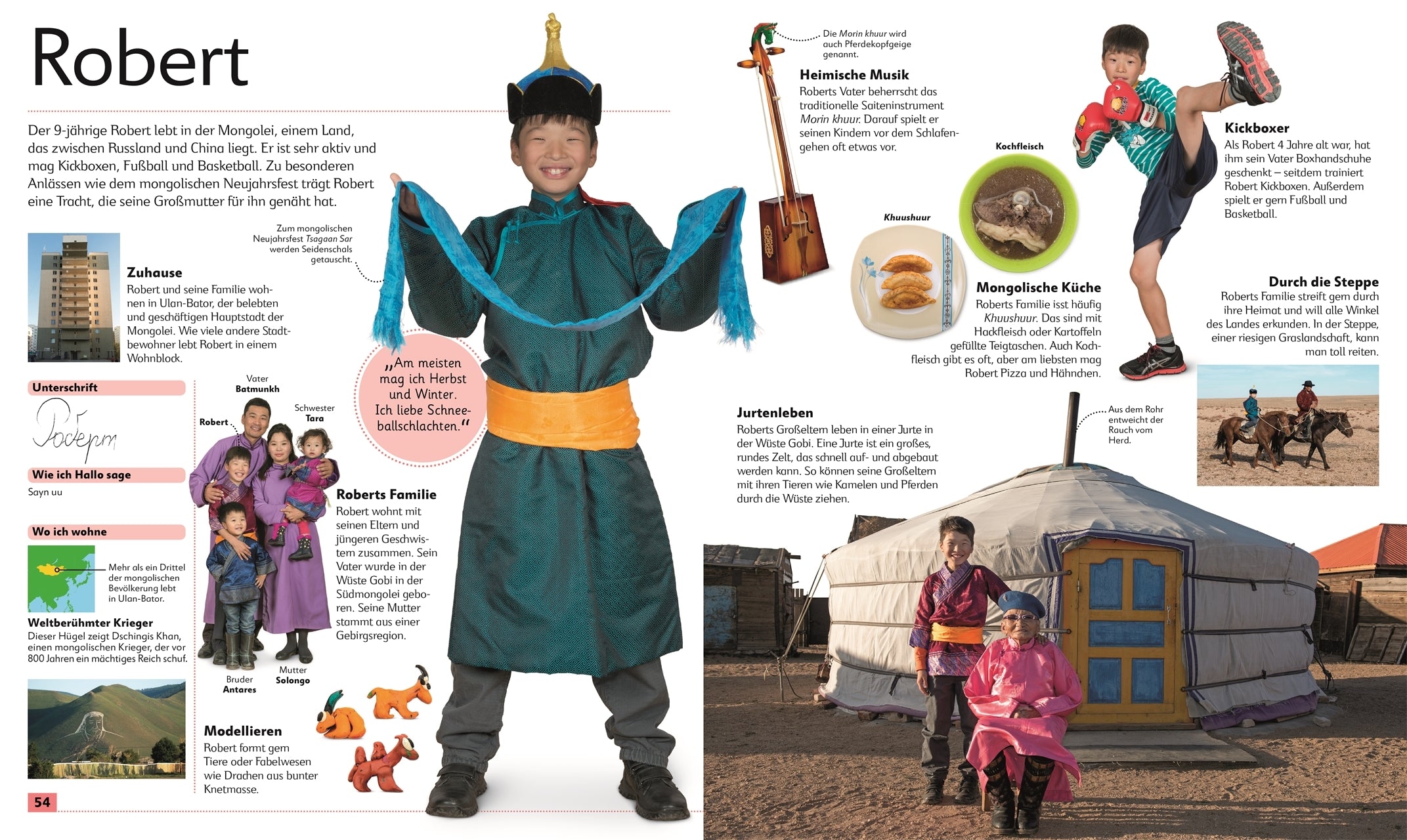 Doppelseite aus dem Buch "Kinder aus aller Welt". Gezeigt wird Robert, der in der Mongolei lebt. Man sieht seine Familie, Zuhause und Hobbies.