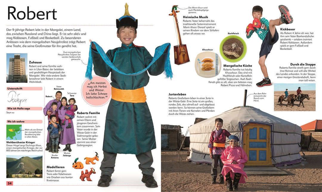Doppelseite aus dem Buch "Kinder aus aller Welt". Gezeigt wird Robert, der in der Mongolei lebt. Man sieht seine Familie, Zuhause und Hobbies.