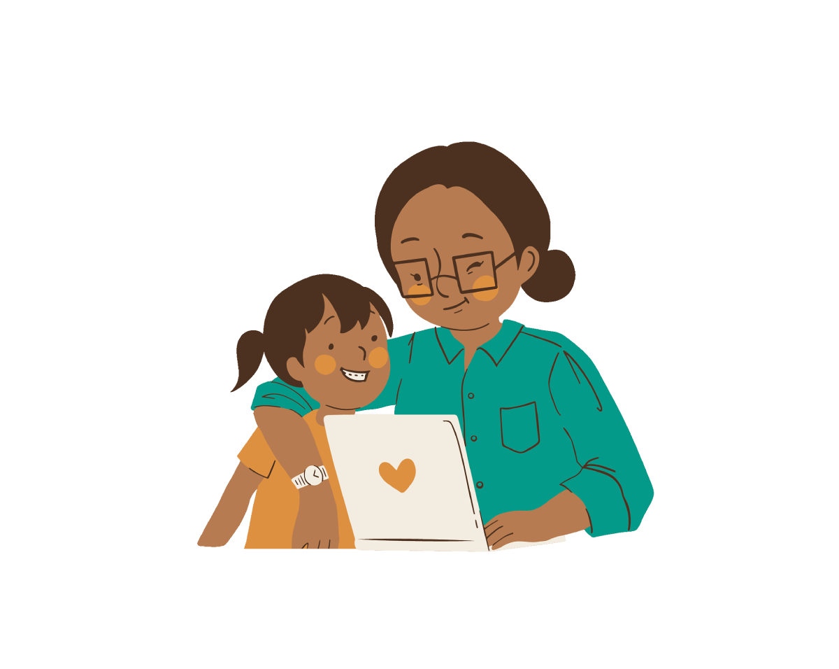 Illustration einer Mutter und eines Kindes, die gemeinsam am Laptop sitzen – Symbol für antirassistische Erziehung.