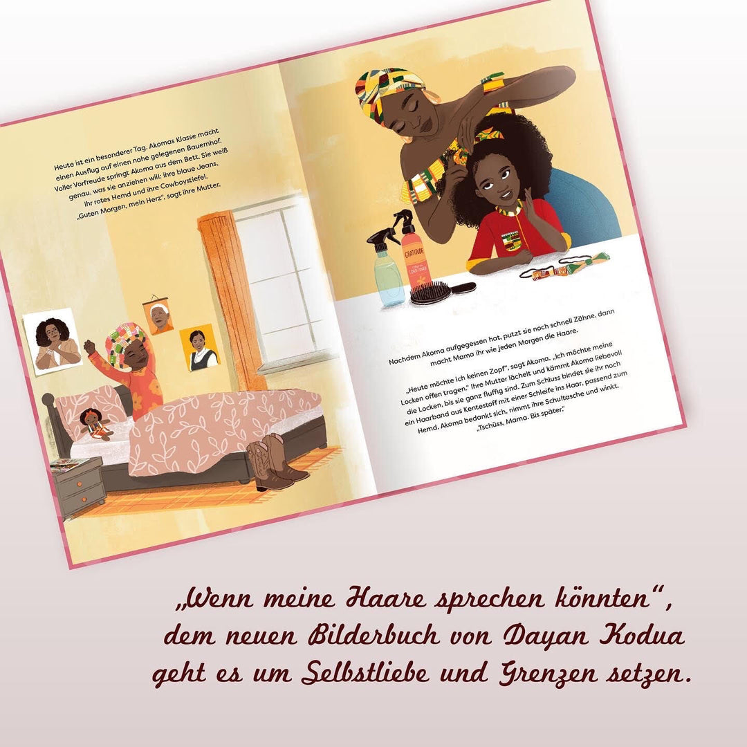 Seite aus dem Buch "Wenn meine Haare sprechen könnten" zeigt die Illustration von einem Kinderzimmer und einem Mädchen, das die Haare gemacht bekommt.