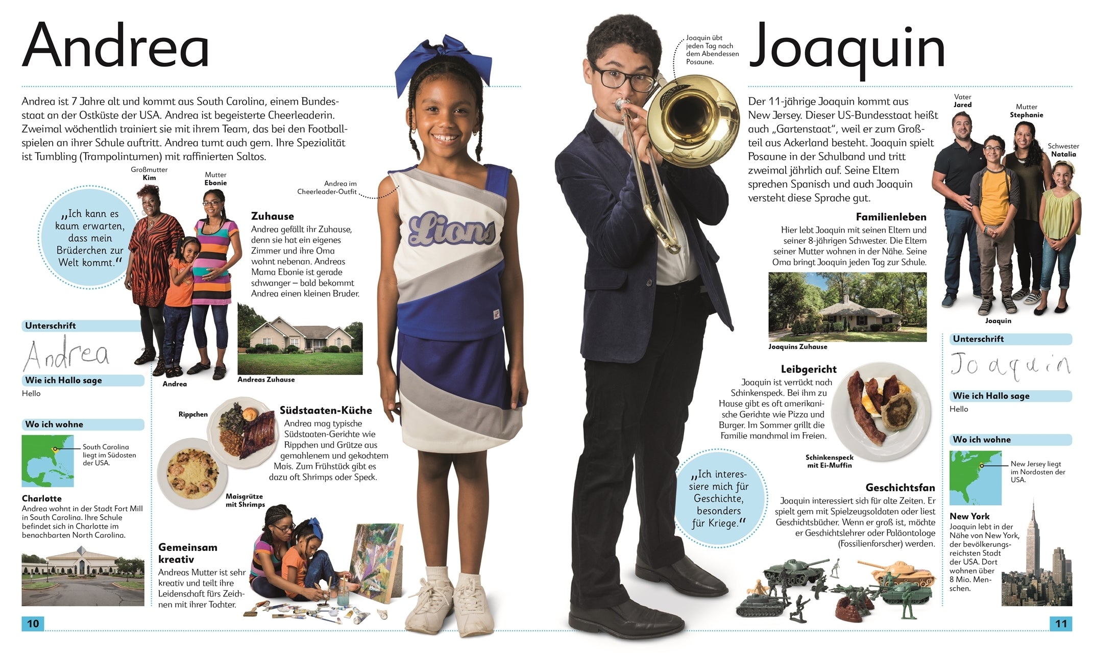 Auf der Doppelseite werden Andrea und Joaquin vorgestellt. Es werden ihre Familien, ihr Zuhause und Hobbies gezeigt.