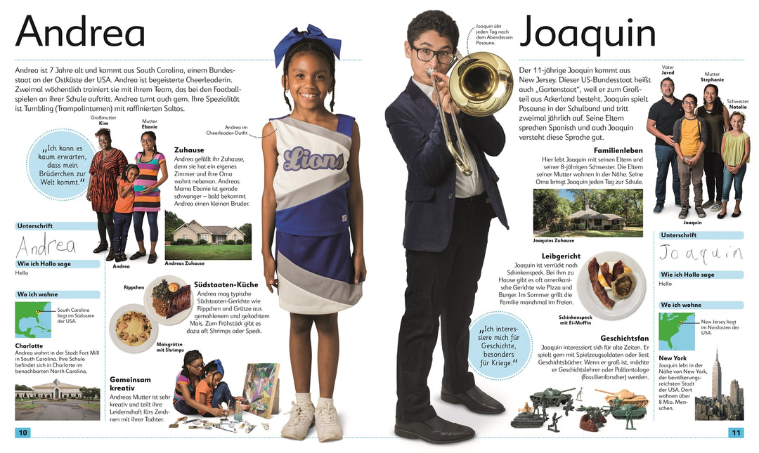 Auf der Doppelseite werden Andrea und Joaquin vorgestellt. Es werden ihre Familien, ihr Zuhause und Hobbies gezeigt.