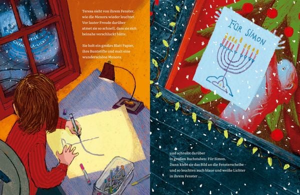Die Illustration zeigt eine Doppelseite aus "Für jeden ein Licht". Links ist ein Mädchen zu sehen, das ein Bild malt. Auf der rechten Seite sieht man, wie sie das Bild ans Fenster hängt. Darauf ist eine Menora und der Schriftzug "Für Simon" zu sehen.