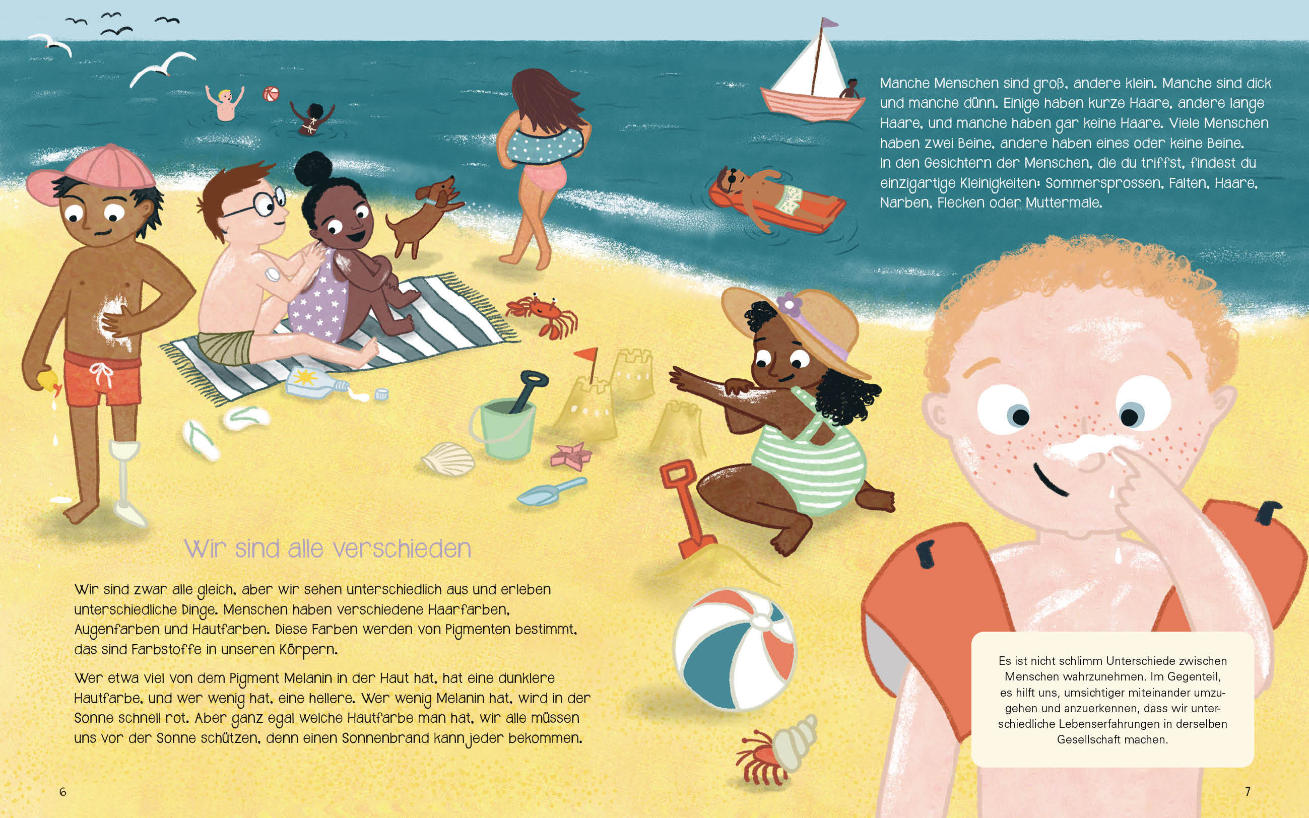 Buchseiten aus dem Kinderbuch "Steck mal in meiner Haut". Zu sehen ist eine Illustration mit Menschen unterschiedlicher Hautfarbe am Strand.