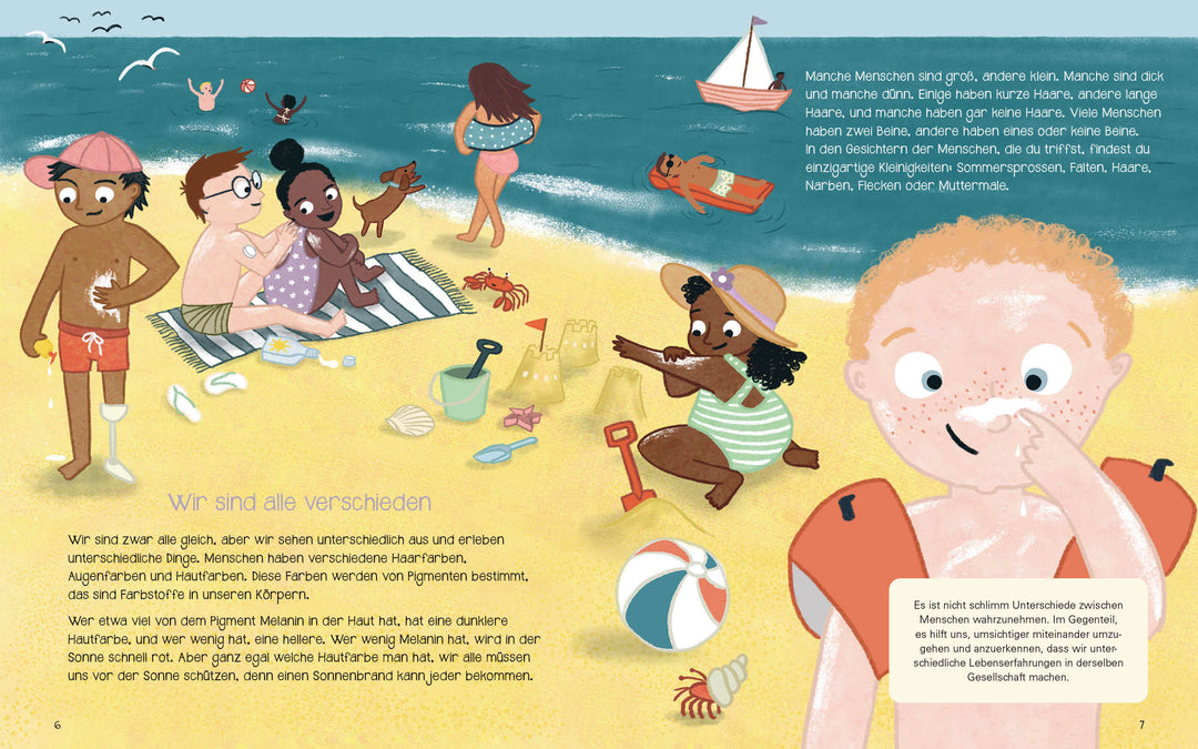 Buchseiten aus dem Kinderbuch "Steck mal in meiner Haut". Zu sehen ist eine Illustration mit Menschen unterschiedlicher Hautfarbe am Strand.