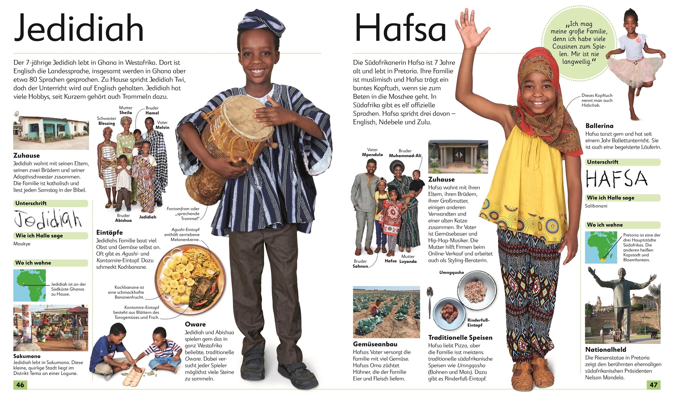 Auf einer Doppelseite werden Jedidiah und Hafsa vorgestellt. Es werden ihre Familien, Hobbies und Traditionen gezeigt.