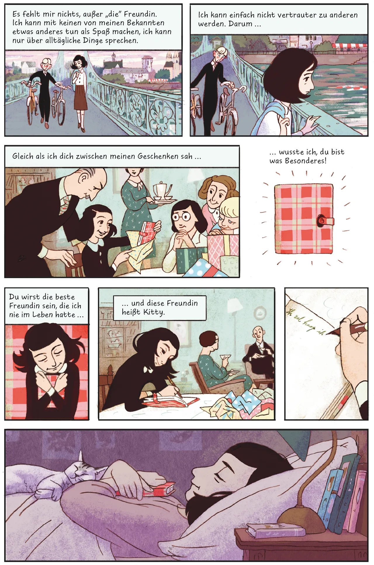 Zu sehen ist eine Seite aus dem Kinderbuch Das Tagebuch der Anne Frank als Graphic Diary. Die Seite ist wie ein Comic aufgebaut und es werden verschiedene Szenen gezeigt.