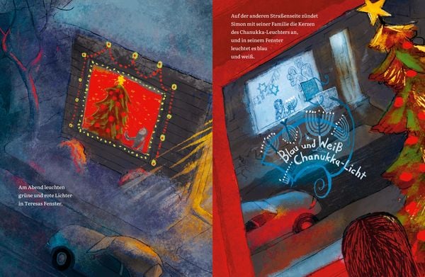 Illustrierte Doppelseite aus dem Buch "Für jeden ein Licht". Man sieht durch die Fenster, wie verschiedene Familien Weihnachten feiern.