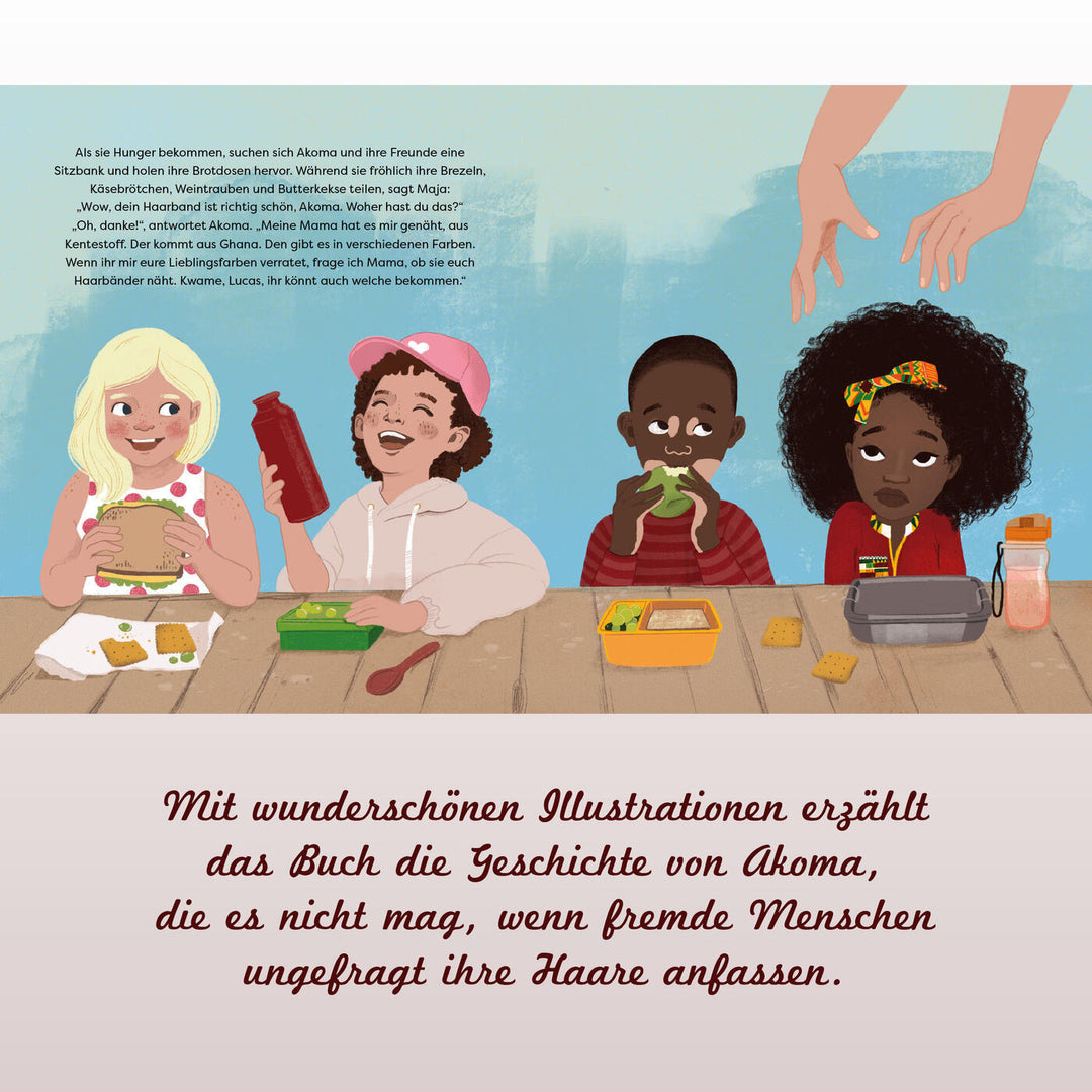Seite aus dem Kinderbuch "Wenn meine Haare sprechen könnten". Die Illustration zeigt 4 Kinder mit verschiedener Hautfarbe, die ihr Pausenbrot essen.
