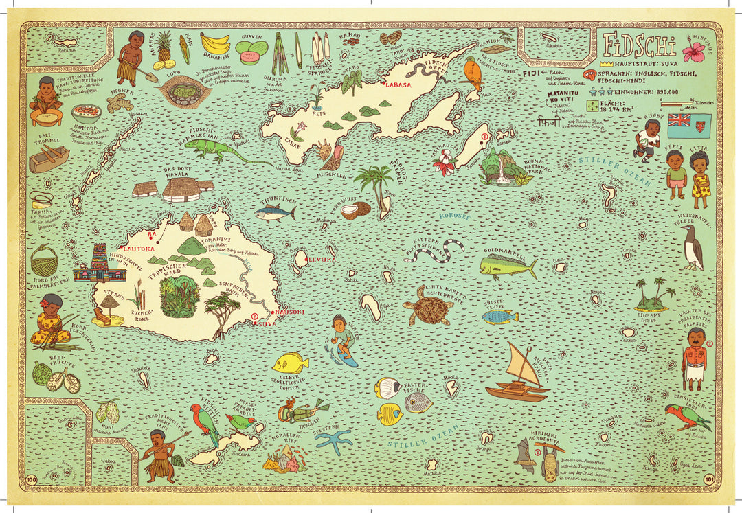 Eine illustrierte Version einer Karte der Fidschi Inseln. Zu sehen sind viele Meerestiere, Menschen und Lebensmittel.