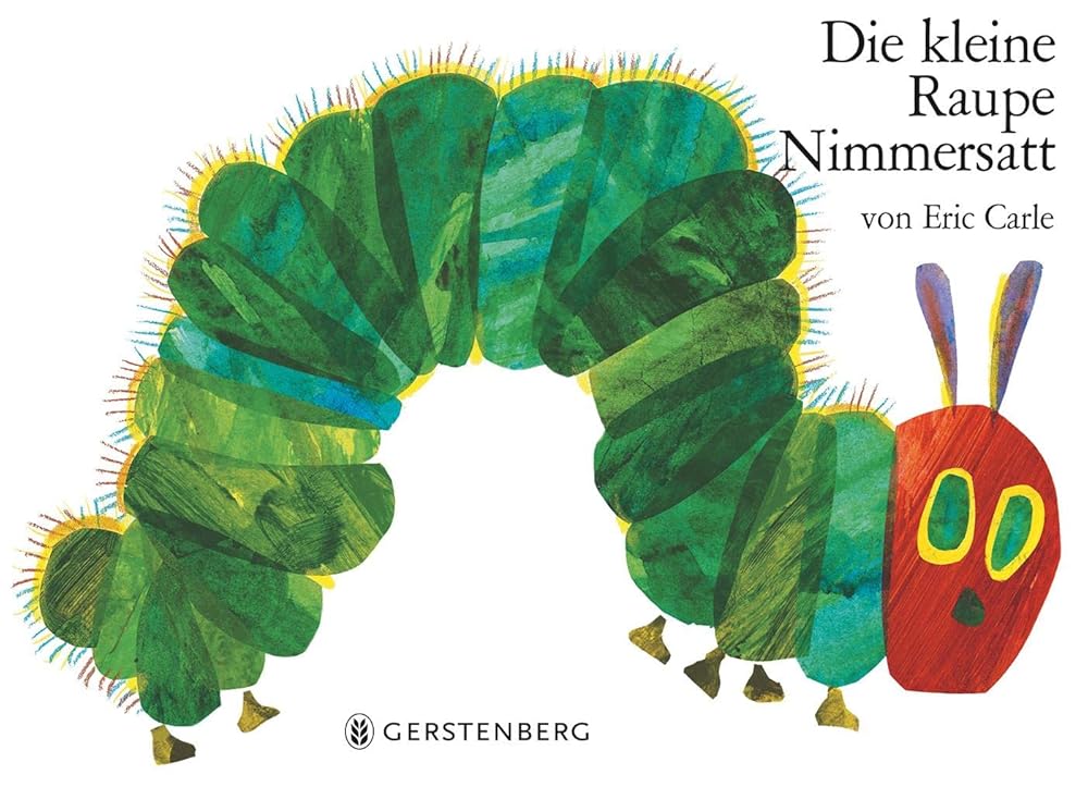 Cover des Kinderbuchs "Die kleine Raupe Nimmersatt" in der Pappausgabe. Die Illustration zeigt eine Raupe auf weißen Hintergrund.