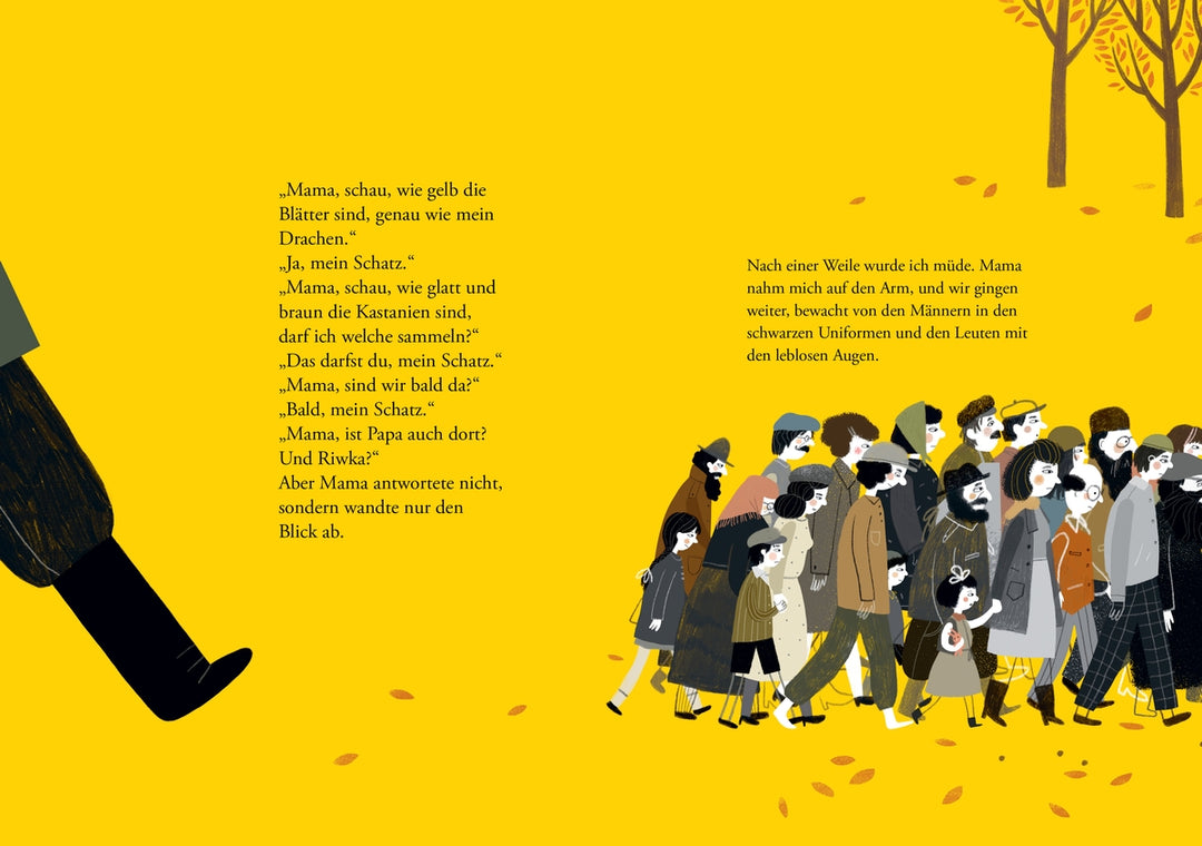 Die Illustration aus dem Buch "Als die gelben Blätter fielen" zeigt eine Gruppe von Menschen, die in gedrängter Formation gehen, bewacht von Männern in dunklen Uniformen.