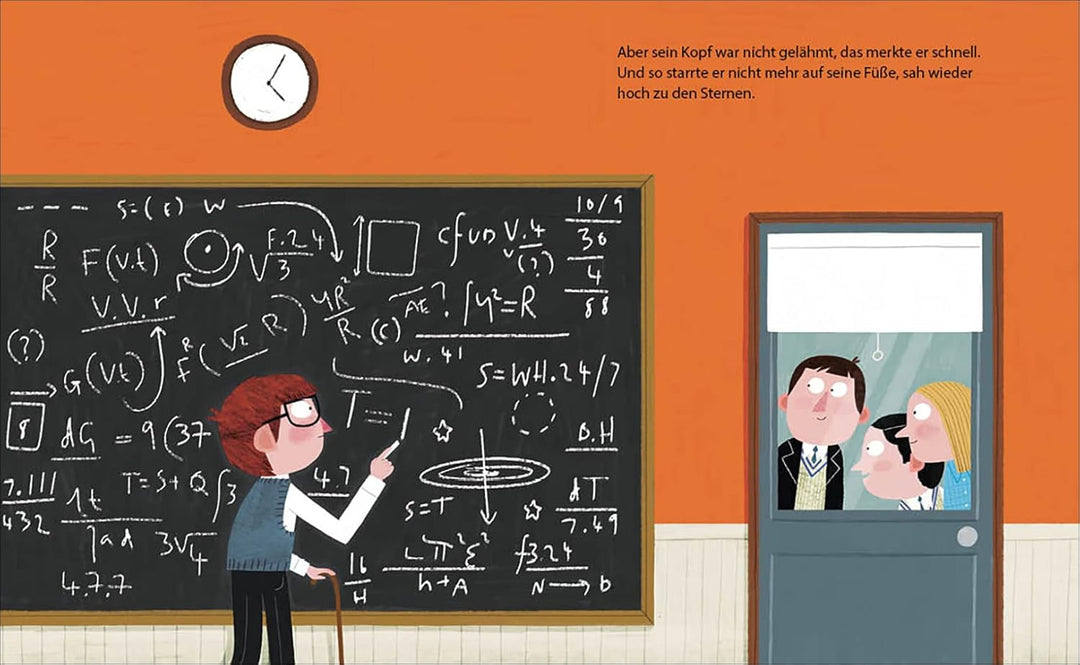 Illustration aus dem Kinderbuch über Stephen Hawking. Er steht vor einer großen Kreidetafel voller mathematischer Formeln, daneben eine weitere Person an der Tür.