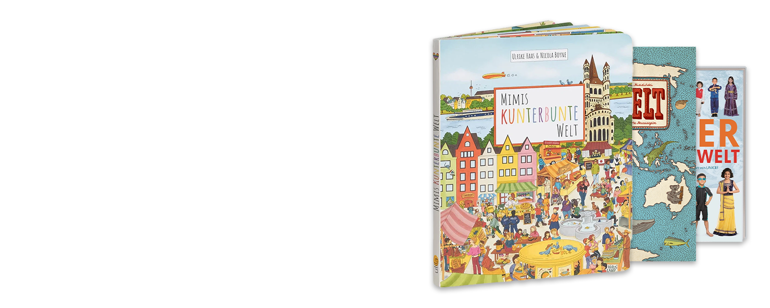 Kinderbücher, mit denen Kinder die Welt entdecken und andere Kulturen kennenlernen können. Es werden Bücher wie das Wimmelbuch "Mimis kunterbunte Welt" gezeigt.