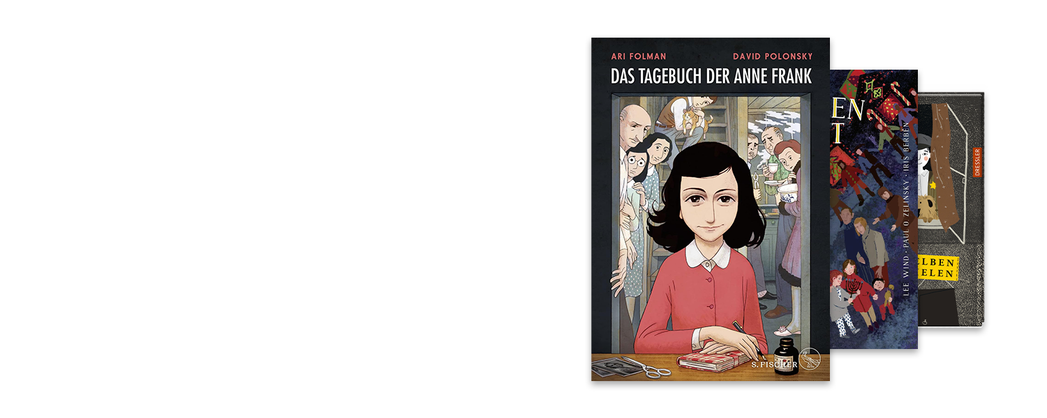 Kinderbücher gegen Antisemitismus. Bücher über Nationalsozialismus und Holocaust. Gezeigt werden Bücher wie "Das Tagebuch der Anne Frank".