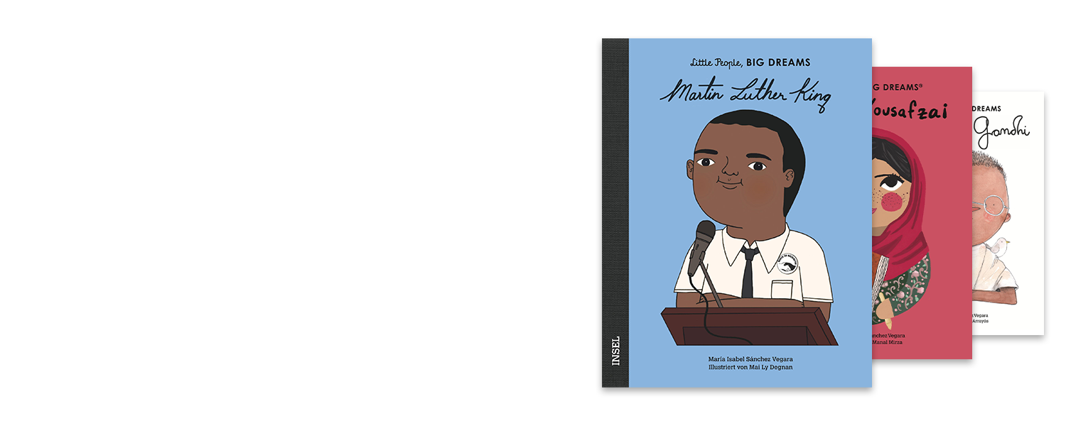 Kinderbücher, die Geschichte erklären. Zu sehen sind Bücher aus der Buchreihe "Little People, BIG Dreams" über inspirierende Persönlichkeiten wie Martin Luther King und Malala Yousafzai.