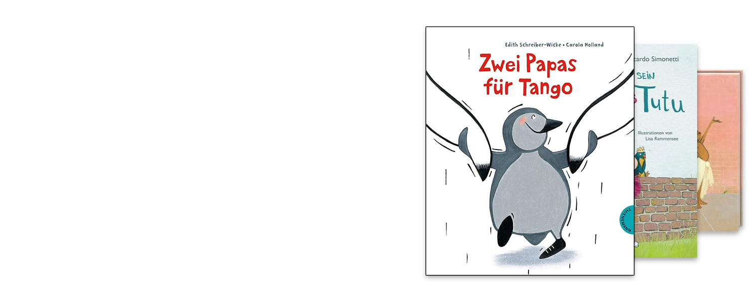 Kinderbücher über LGBTIQ* und Identität. Zu sehen sind Bücher wie "Zwei Papas für Tango" und "Raffi und sein pinkes Tutu".