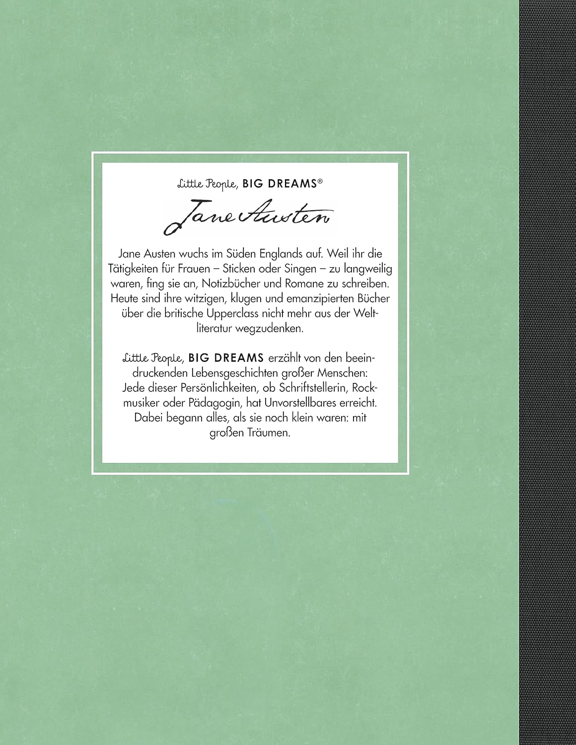 Rückseite der Jane Austen Biografie mit Zusammenfassung ihres Lebens.