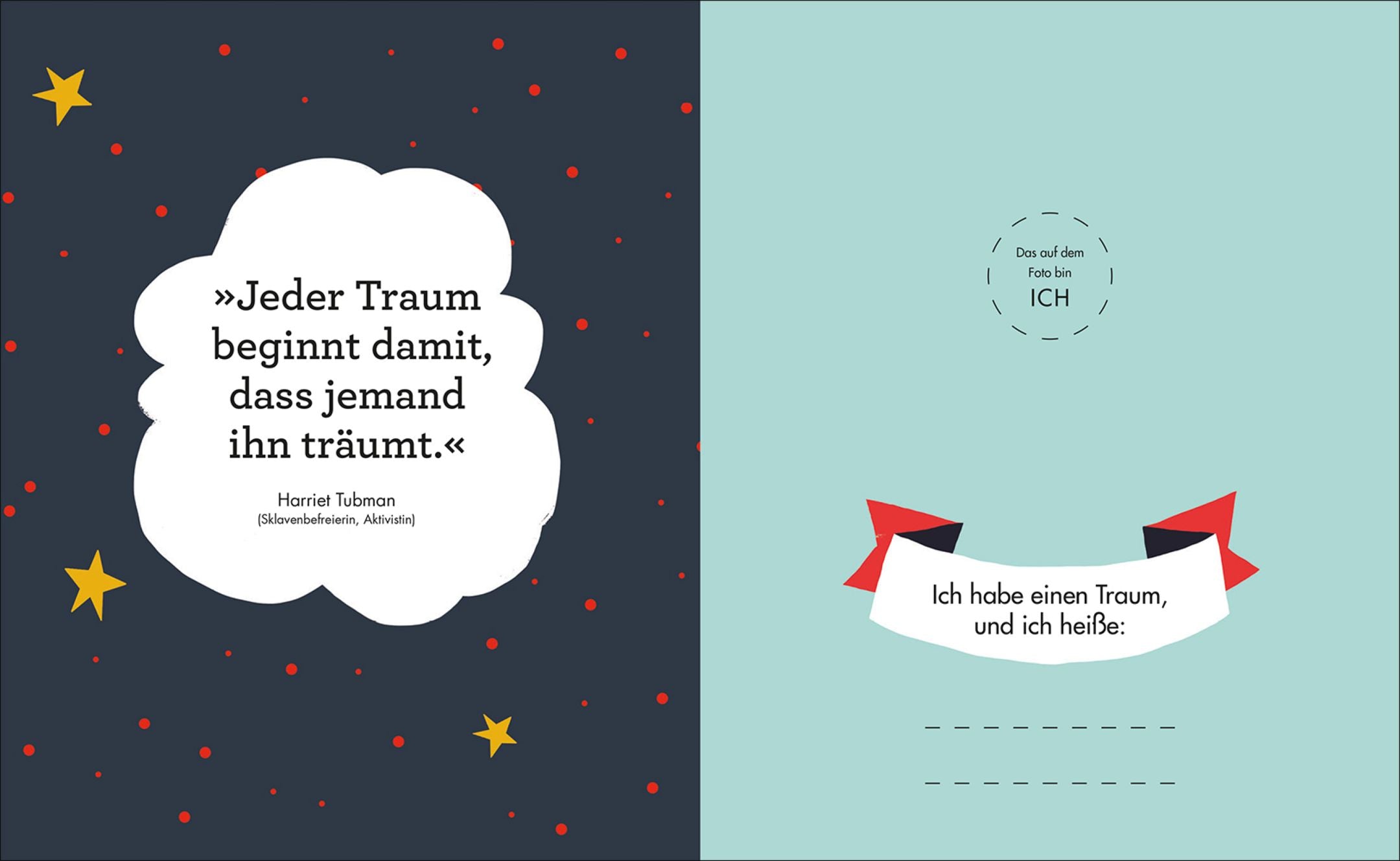 Doppelseite aus dem Mitmach-Tagebuch für Kinder mit Zitat und Platz für einen Namen und ein Foto.