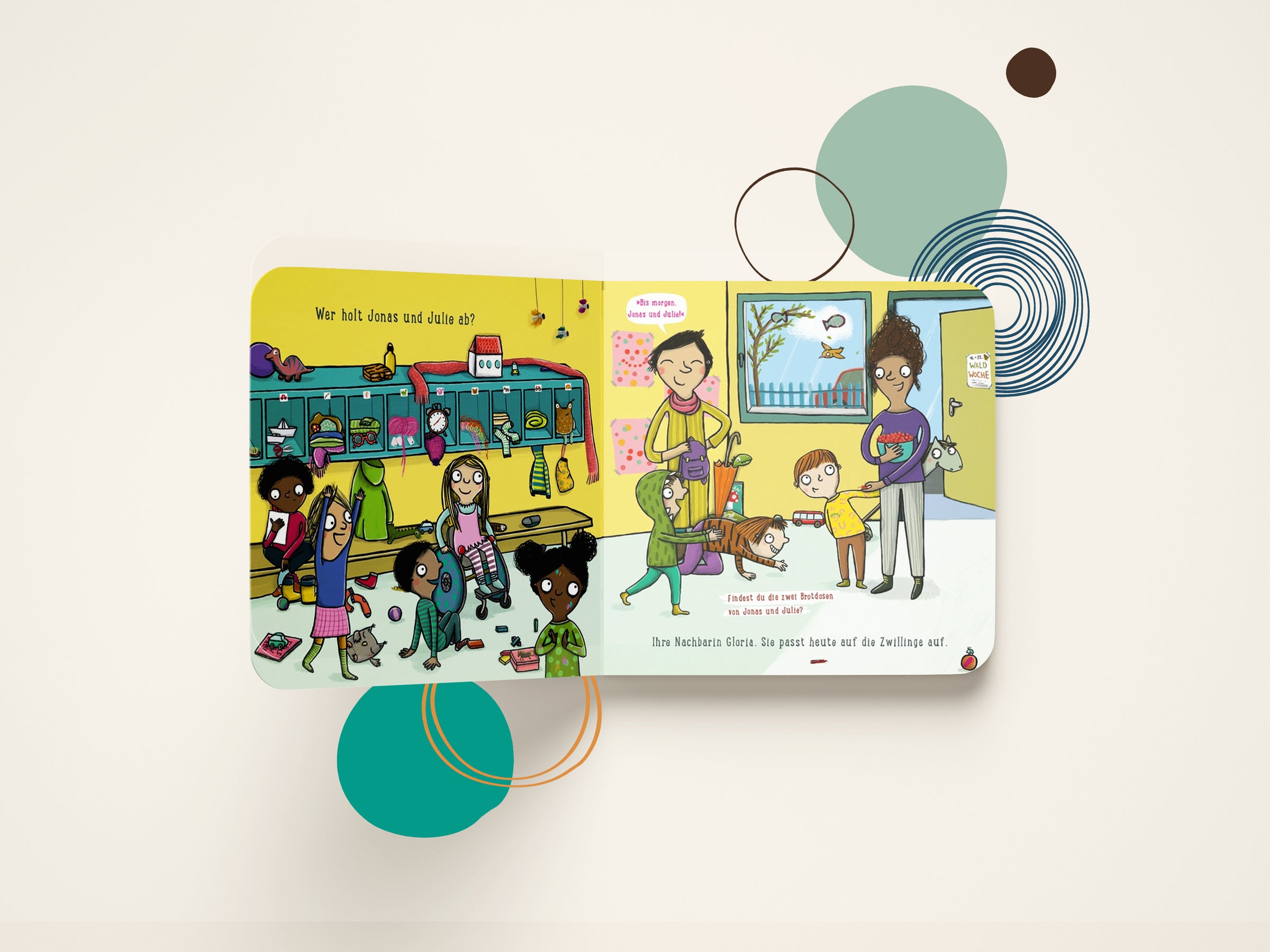 Kinderbuch für Kinder ab 2 Jahren zum Thema Familie und Vielfalt in der Familie. Illustration zeigt Kinder, die von ihren Eltern vom Kindergarten abgeholt werden.