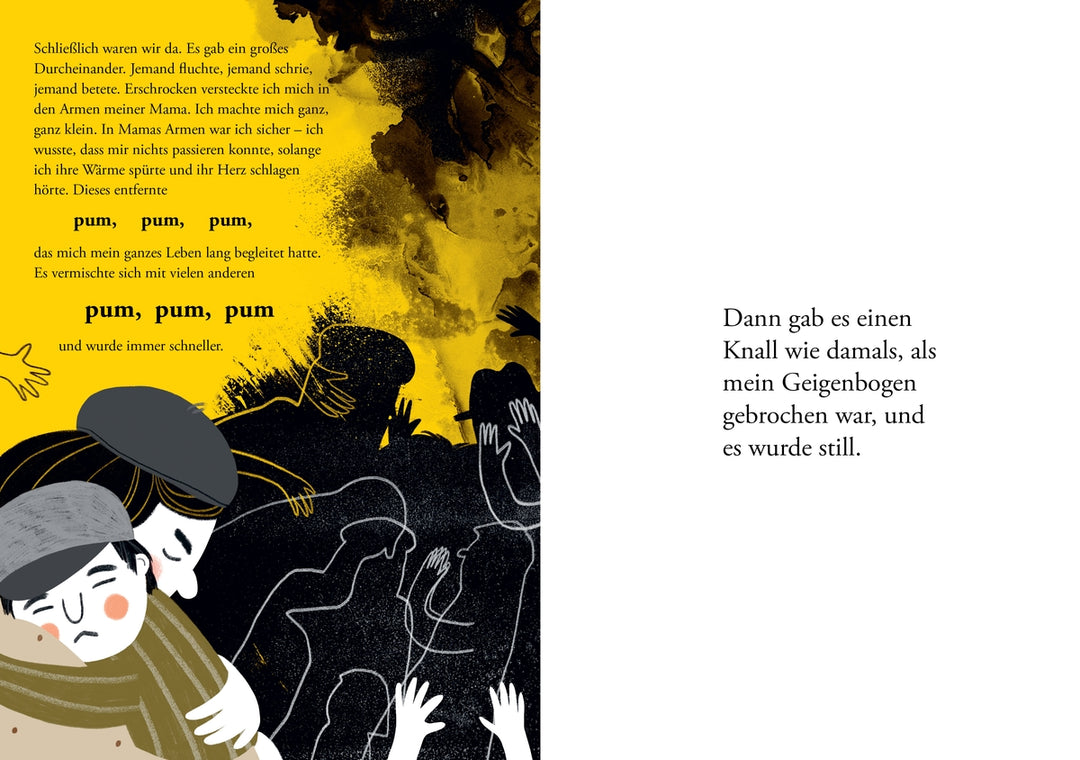 Seite aus dem Kinderbuch "Als die gelben Blätter fielen". Die Illustration zeigt eine Szene mit dunklen und gelben Farbtönen, die eine bedrohliche Atmosphäre schaffen. Hände greifen aus der Menge hervor, während im Vordergrund ein Kind in den Armen eines Erwachsenen Trost sucht.