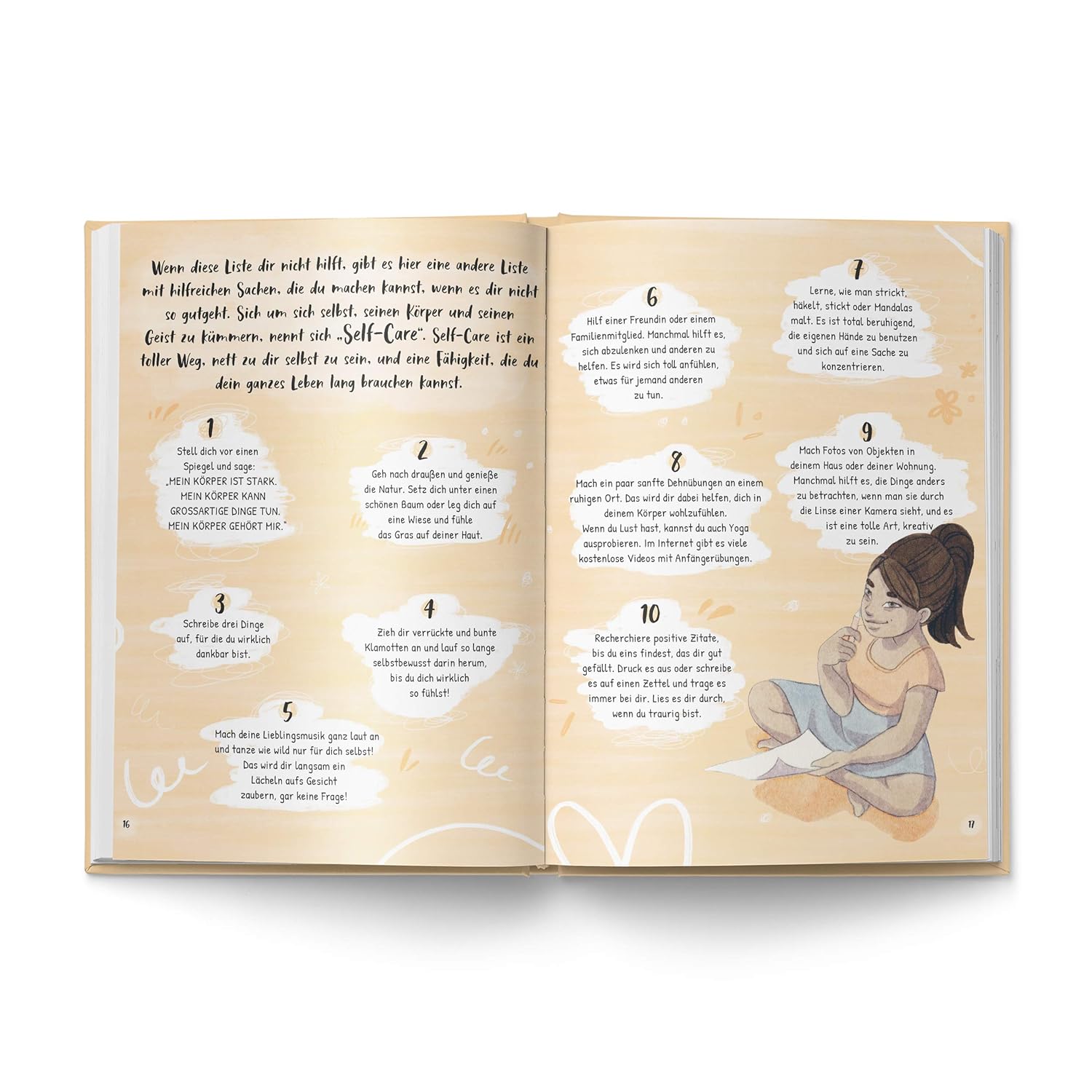 Illustration aus "Liebe deinen Körper" zeigt ein Mädchen, das nachdenklich auf dem Boden sitzt. Daneben zehn Tipps zur Selbstliebe und Selbstfürsorge in Sprechblasen.
