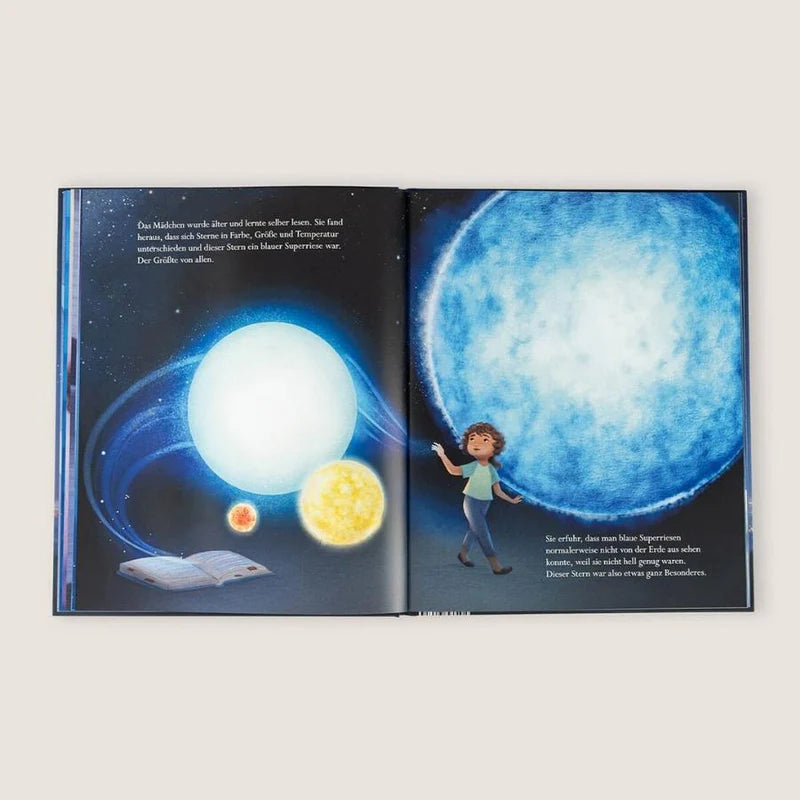 Buchseite aus "Folge deinem Stern" mit astronomischem Wissen und wunderschöner Illustration eines leuchtenden Sterns.