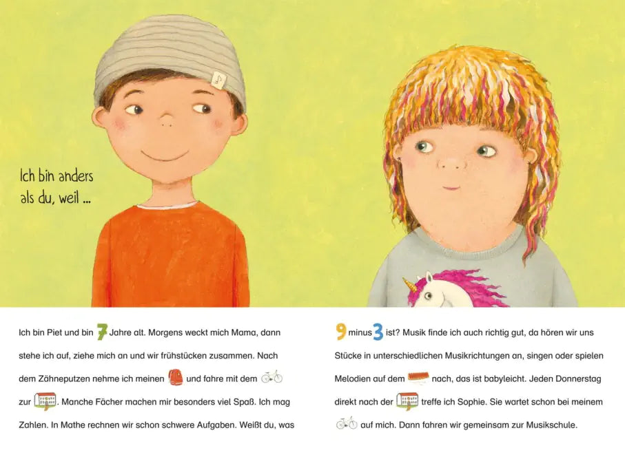 Die Illustration des Kinderbuchs "Ich bin anders als du" zeigt zwei Kinder, die sich erzählen, wie sie ihren Tag erleben und was sie mögen.