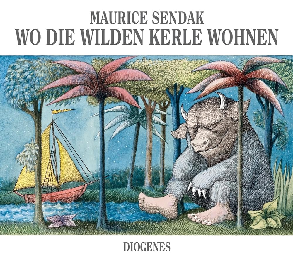Cover des Kinderbuchs "Wo die wilden Kerle wohnen" zeigt eine Illustration von einem der wilden Kerle. Er hat Hörner und sitzt in einem Wald. Vor ihm schwimmt ein Boot auf einem See.
