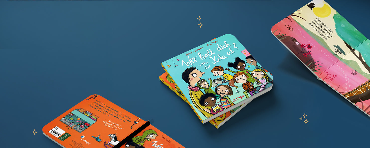 Kinderbücher ab 2 Jahren über Vielfalt in Familien. Es wird das Buch "Wer holt dich von der Kita ab?" gezeigt mit einer Illustration von Kindern mit unterschiedlicher Hautfarbe.