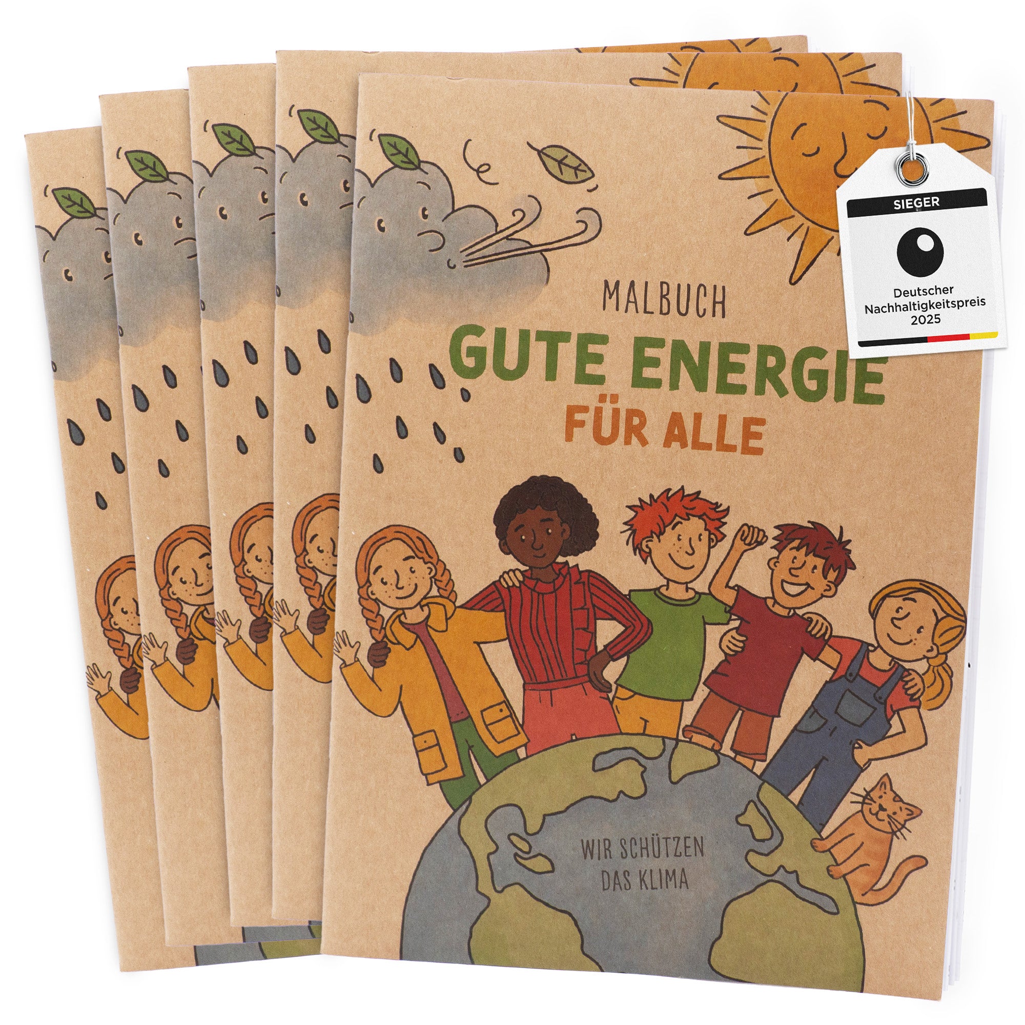 Schulset mit 5 Klimaschutz-Malbüchern "Gute Energie für alle" zeigt eine Illustration der Erde. Auf dieser sind Menschen mit unterschiedlicher Hautfarbe zu sehen.