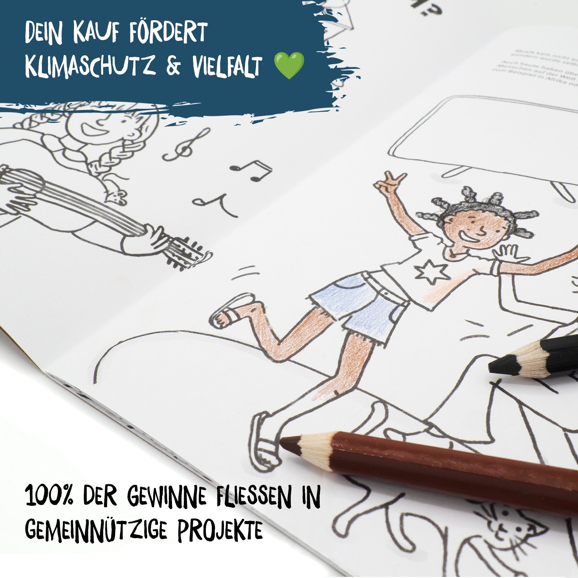 Seite aus dem Klimaschutz-Malbuch zeigt eine ausgemalte Illustration eines dunkelhäutigen Mädchens. 100% der Gewinne fließen in gemeinnützige Projekte.