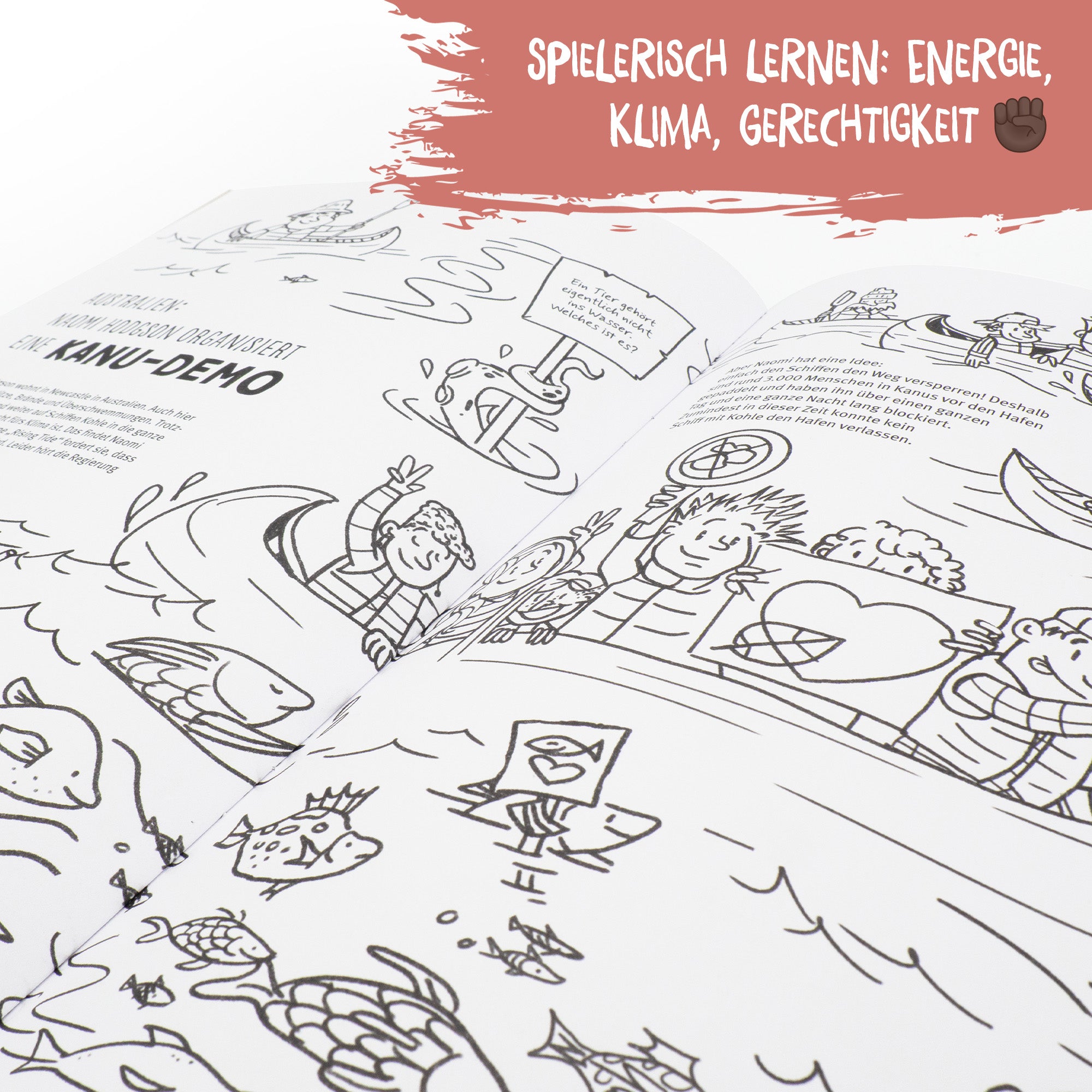 Es wird eine Seite aus dem Malbuch für Klimaschutz gezeigt. Kinder können so spielerisch über Energie, Klima und Gerechtigkeit lernen.