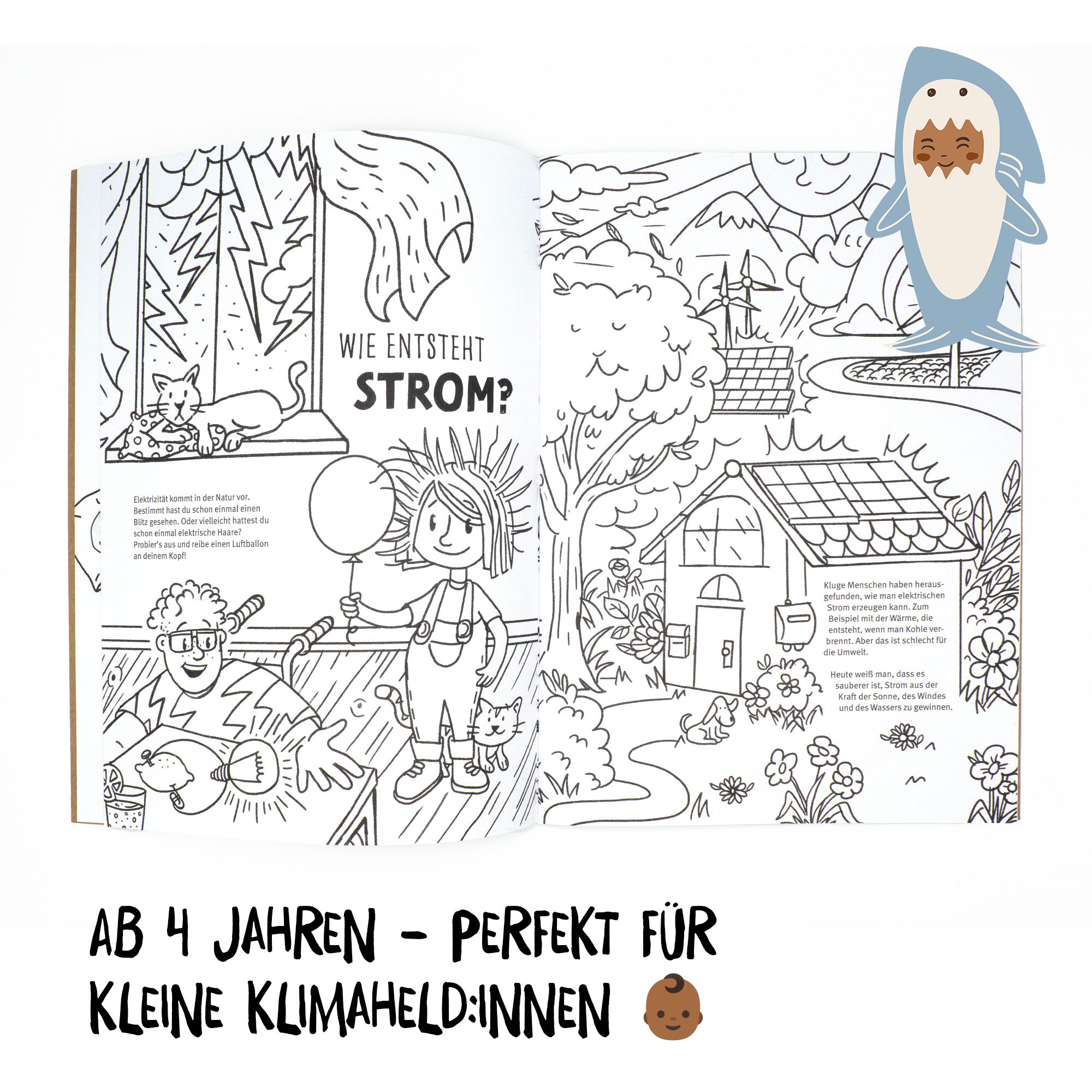 Innenansicht des Malbuchs zum Klimaschutz zeigt und erklärt, wie Strom entsteht. Ab 4 Jahren und perfekt für kleine Klimaheld:innen.