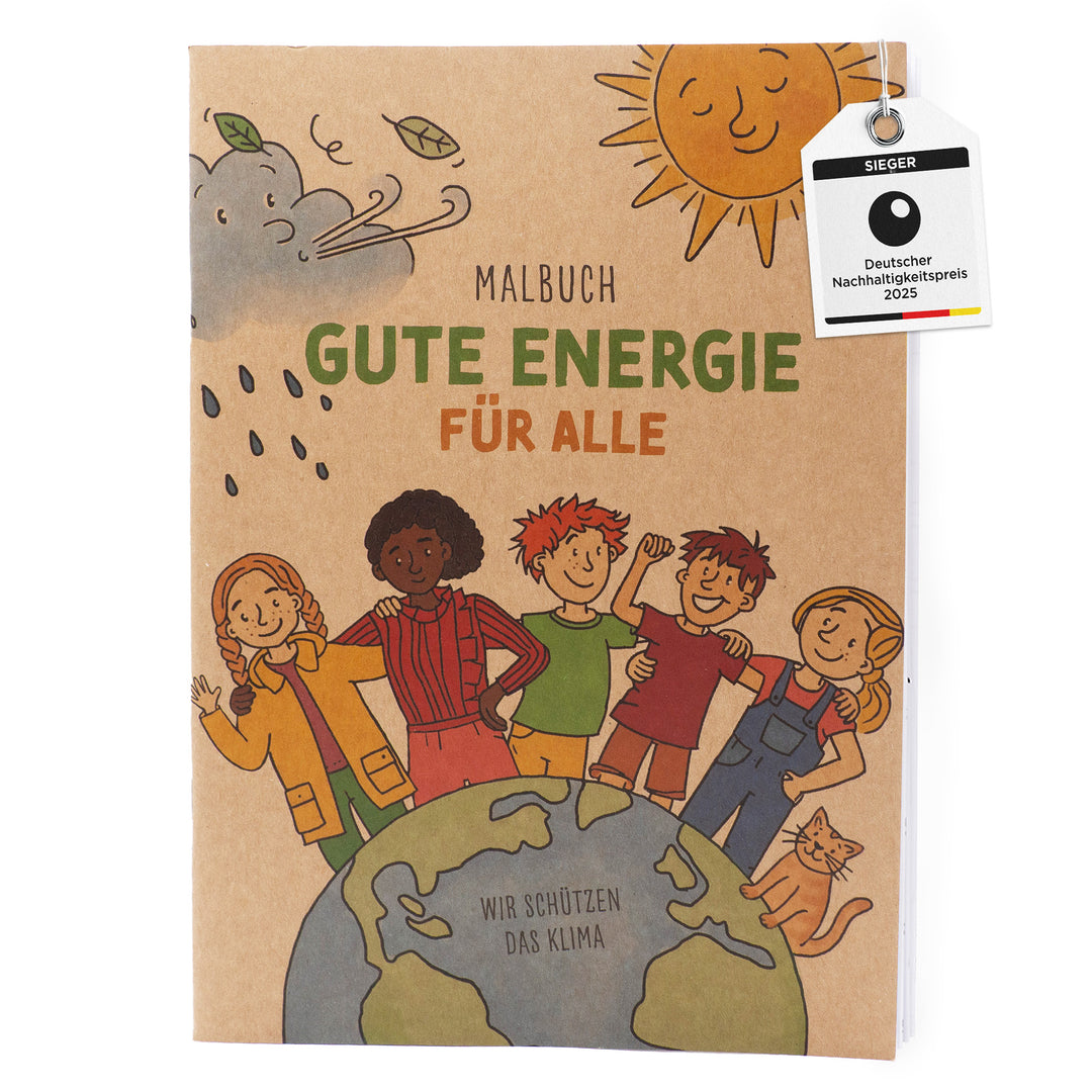 Cover des Klimaschutz-Malbuchs "Gute Energie für alle" mit einer Illustration der Erde und Menschen mit verschiedenen Hautfarben.