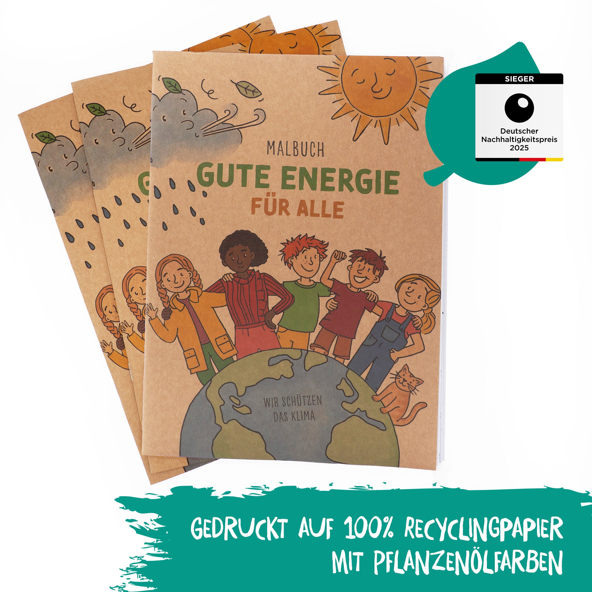 Drei Malbücher zum Klimaschutz, gedruckt auf 100% Recyclingpapier mit Pflanzenölfarben. Das Cover zeigt die Erde und Menschen verschiedener Nationen.