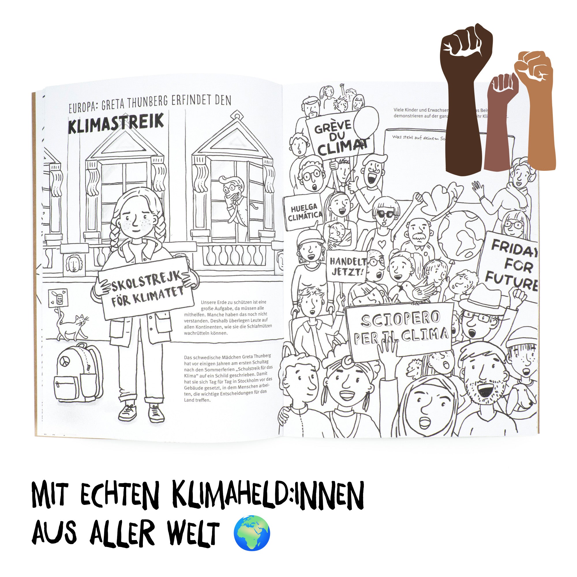 Seite aus dem Malbuch für den Klimaschutz mit einer Illustration von Greta Thunberg und einer großen Menge an Menschen auf einer Demo.