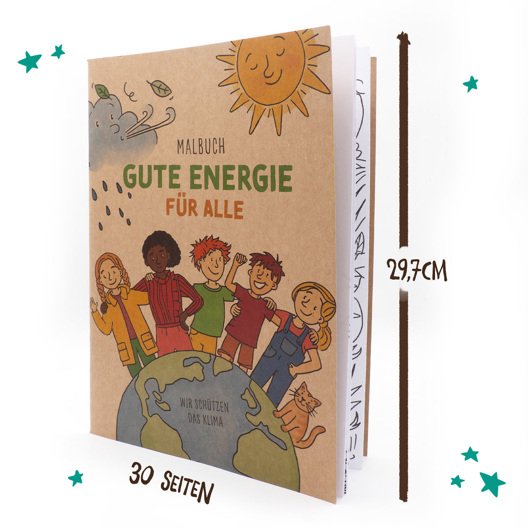 Malbuch "Gute Energie für alle" mit 30 Seiten und einer Höhe von 29,7 cm. Zu sehen ist das Cover des Malbuchs mit der Erde und verschiedenen Menschen darauf.