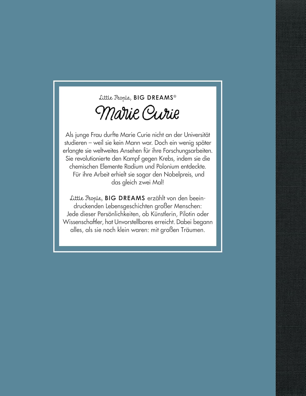 Buchrückseite mit weißem Textfeld und Kurzbiografie zu Marie Curie auf blauem Hintergrund.
